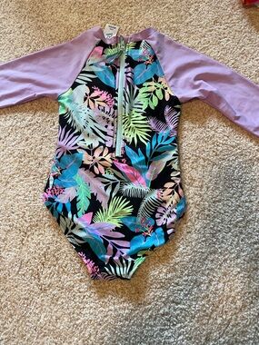 art class Lavender Sleeve Tropical Leaf Front-Zip Rashguard Swimsuit